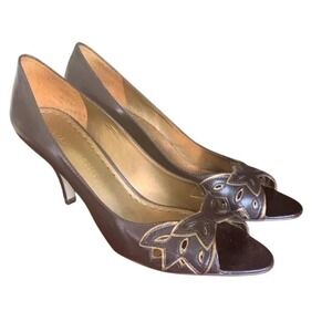 Gianni Bini Brown Leather Peep Toe Heels Cutout Detail Designer Shoes Size‎ 9.5